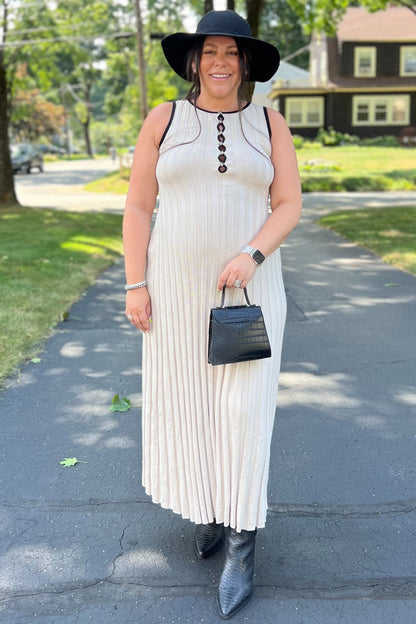 Beige Ribbed Knit Button Detail Sleeveless Maxi Dress