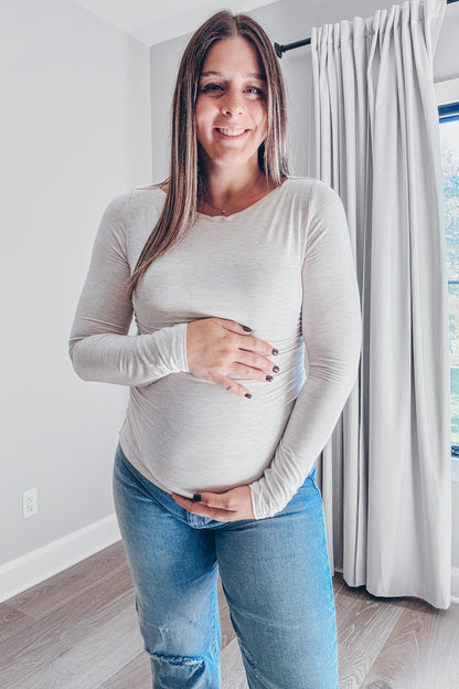 Beige Ruched Long Sleeve Maternity Top