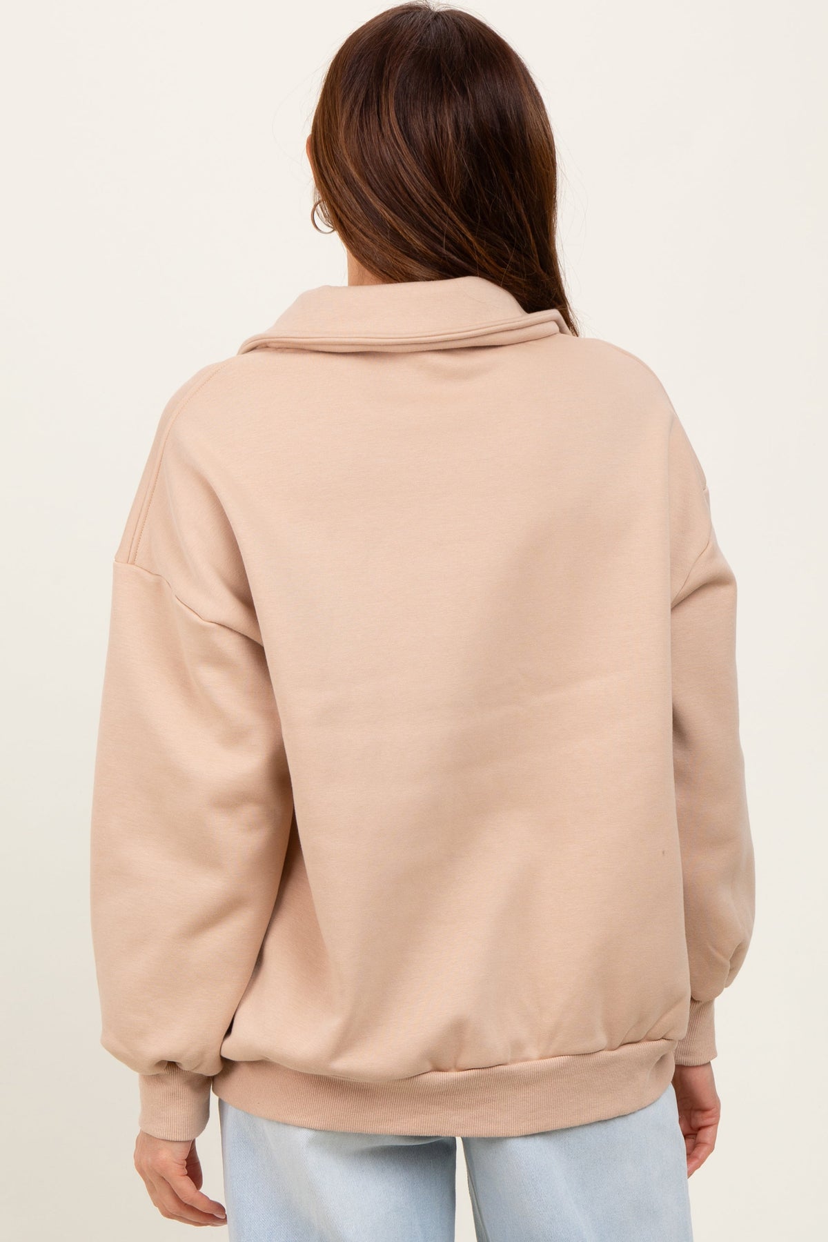 Beige Oversized Long Sleeve Polo Pullover