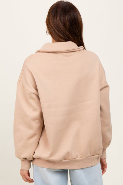 Beige Oversized Long Sleeve Polo Pullover