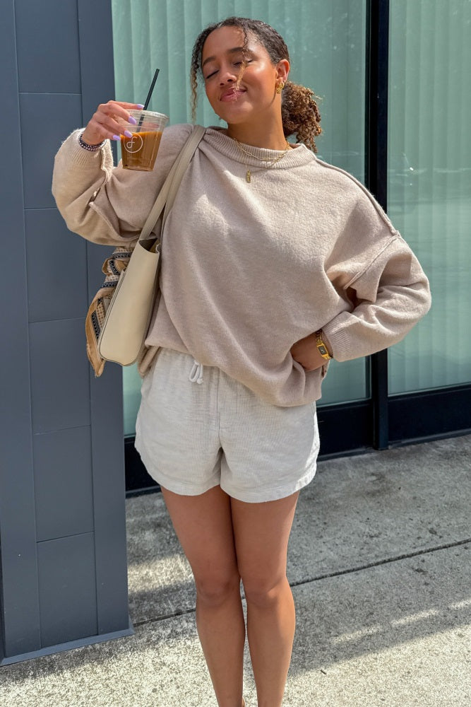Beige Oversized Crewneck Melange Knit Sweater