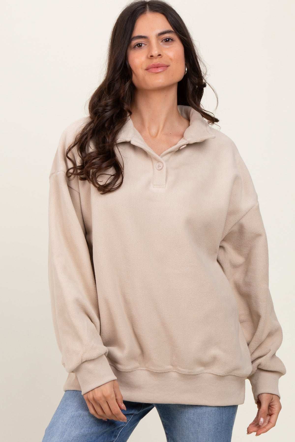 Beige Fleece Collared Button Up Pullover