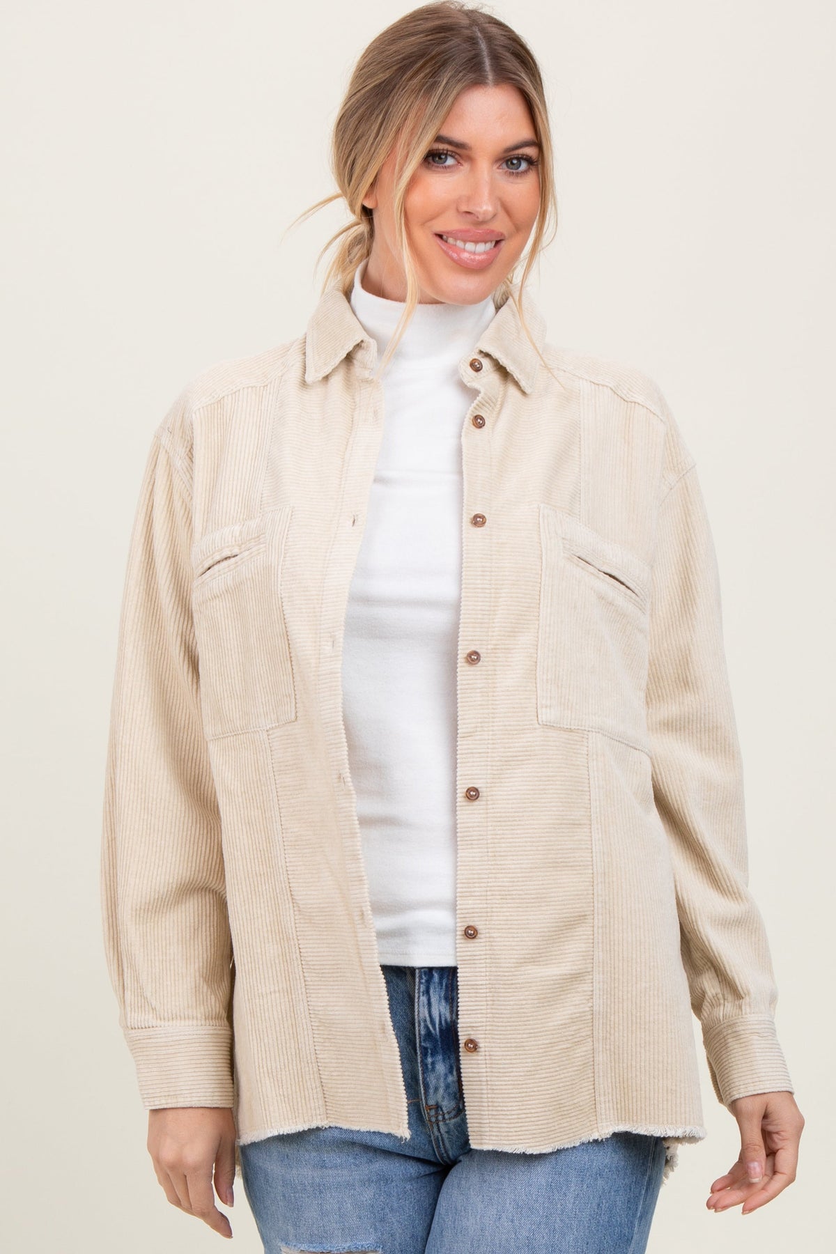 Beige Corduroy Fringe Hem Maternity Shirt Jacket