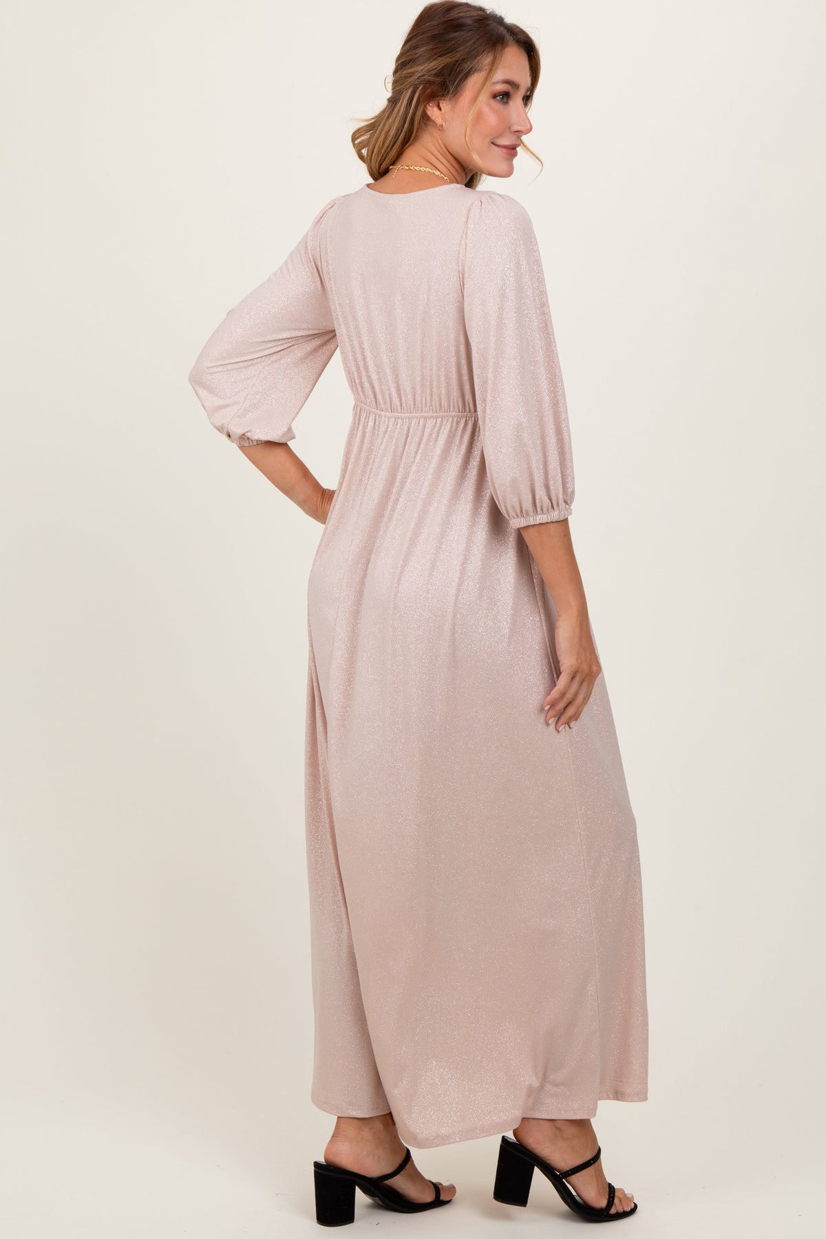Beige Glitter V-Neck Maxi Dress