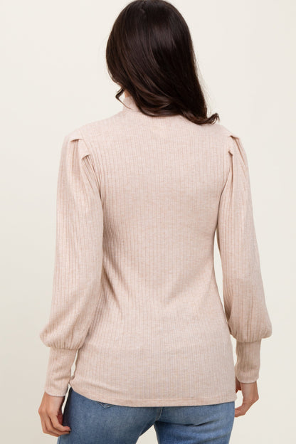 Beige Ribbed Mock Neck Bubble Sleeve Top