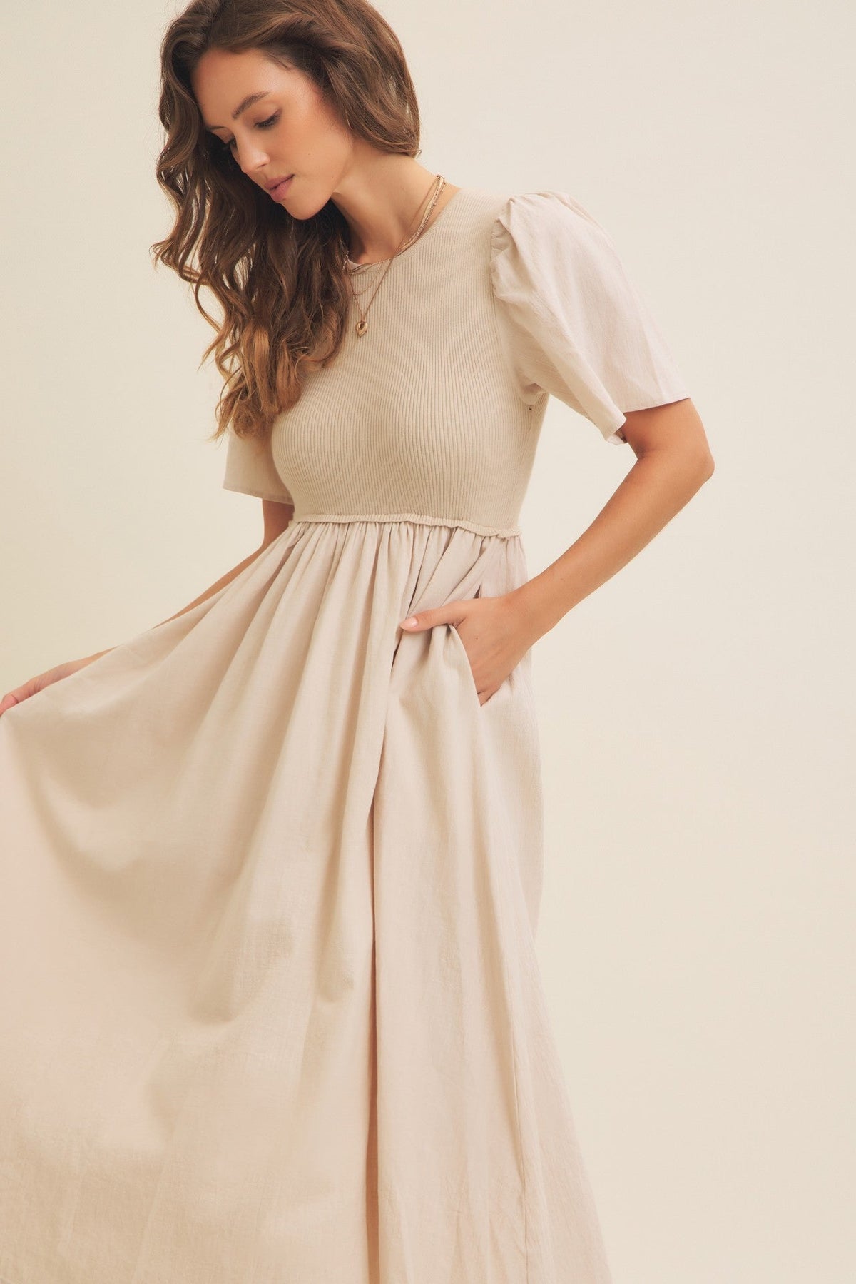 Beige Ribbed Knit Contrast Top Midi Dress