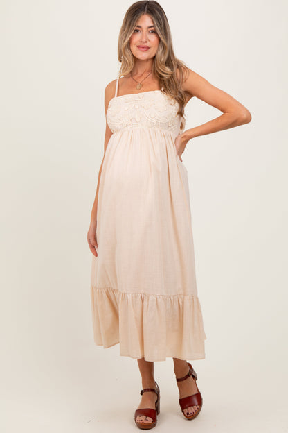 Beige Floral Embroidery Back Ribbon Maternity Midi Dress