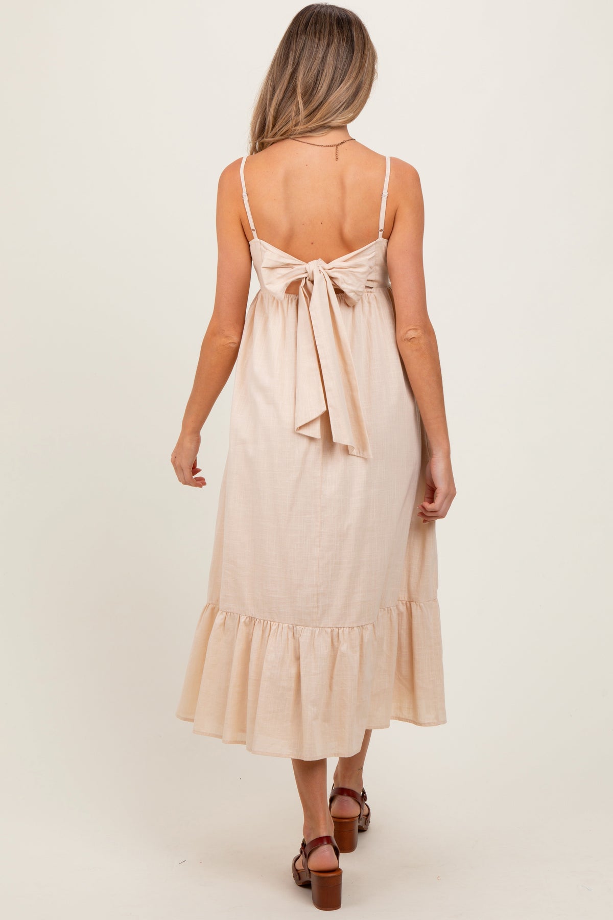 Beige Floral Embroidery Back Ribbon Maternity Midi Dress
