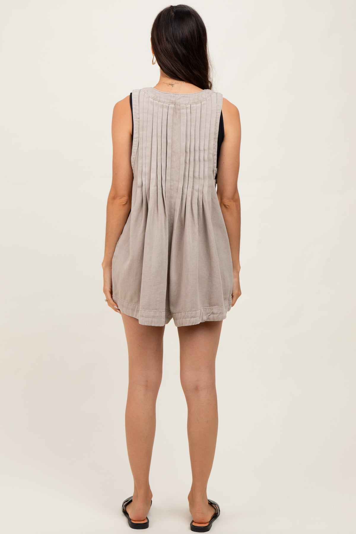 Beige Deep V-Neck Pleated Front Tie Sleeveless Romper