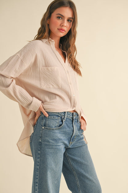 Beige Cotton Gauze Oversized Button Down Shirt