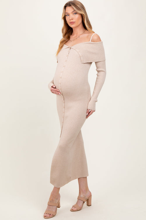 Beige Off Shoulder Long Cardigan Maternity Maxi Dress