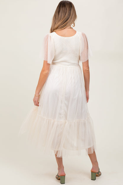 Beige Dotted Tulle Smocked Maternity Midi Dress