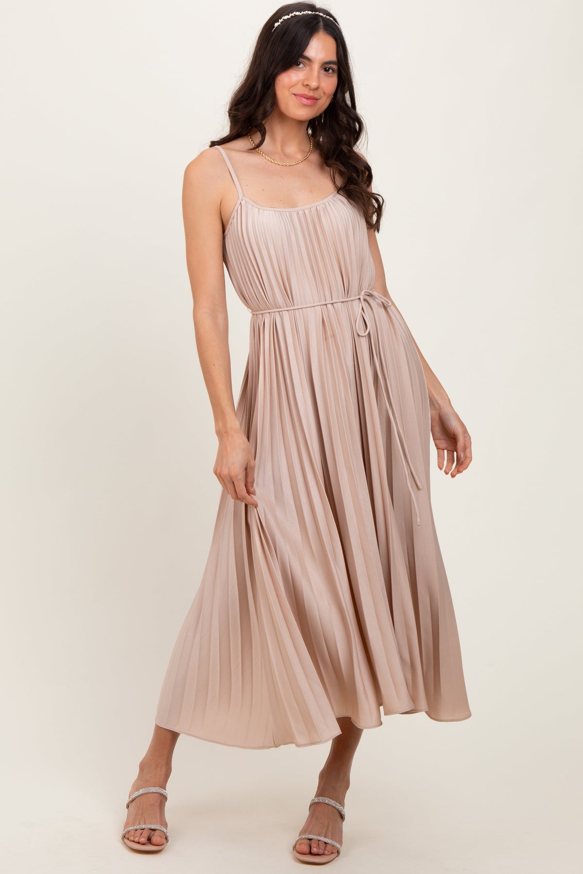 Beige Pleated Sash Tie Maternity Midi Dress