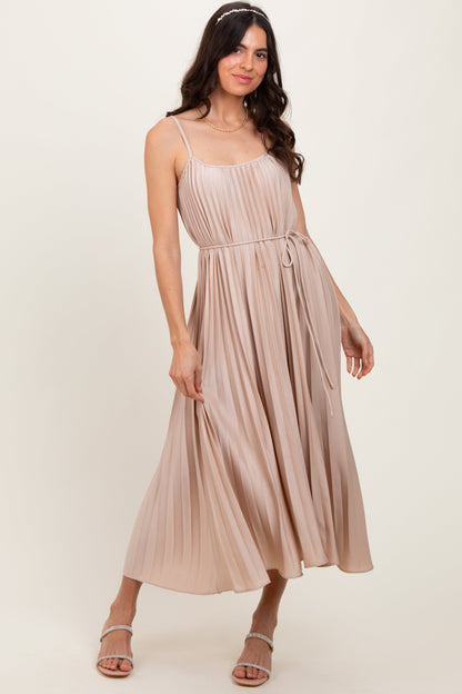 Beige Pleated Sash Tie Maternity Midi Dress
