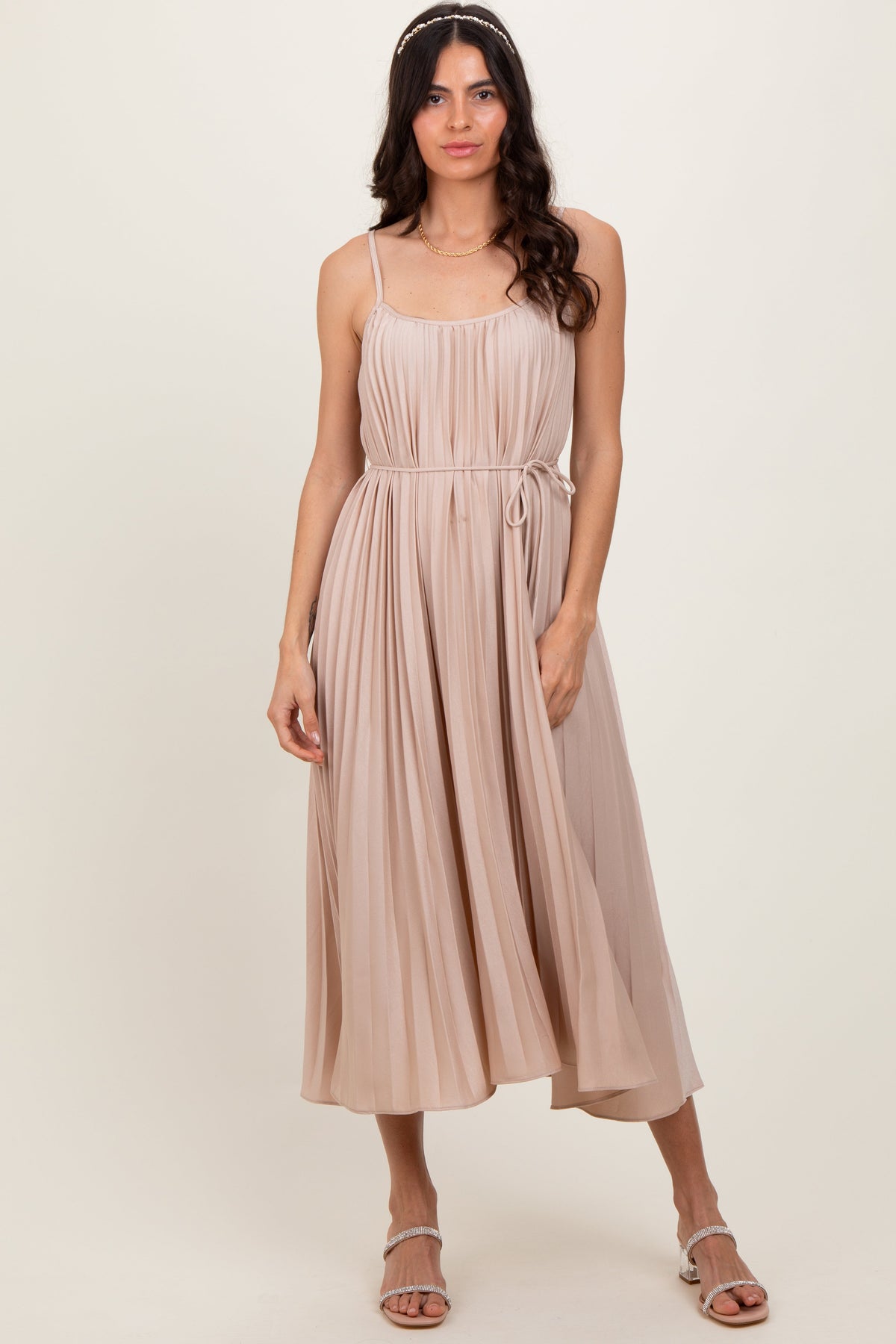 Beige Pleated Sash Tie Midi Dress