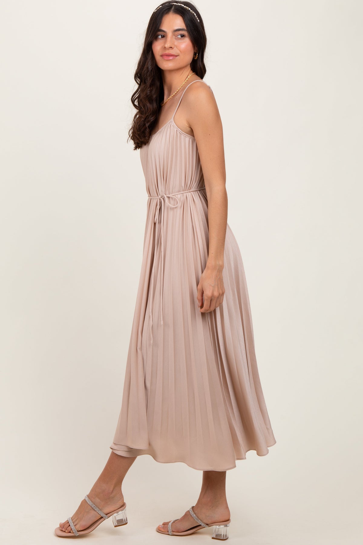 Beige Pleated Sash Tie Midi Dress