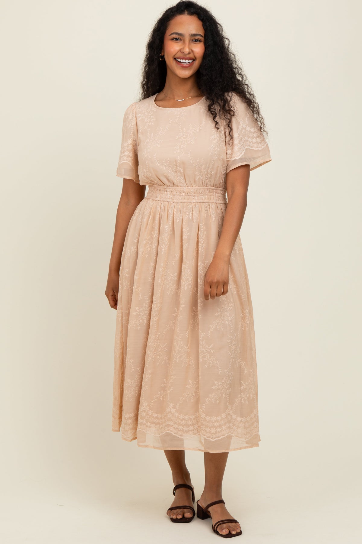 Beige Floral Embroidered Maternity Midi Dress