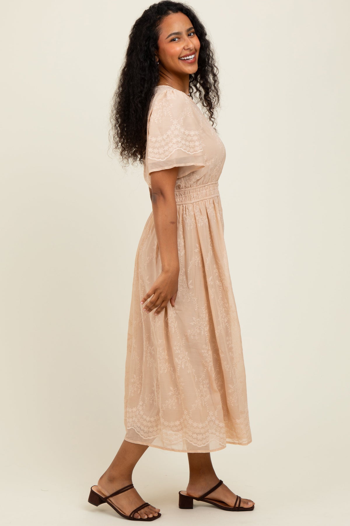 Beige Floral Embroidered Midi Dress