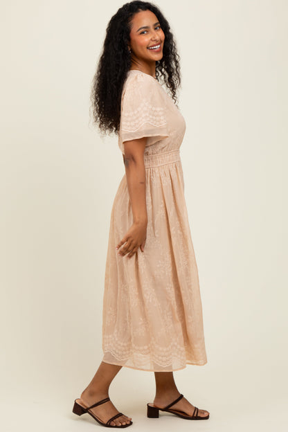 Beige Floral Embroidered Midi Dress