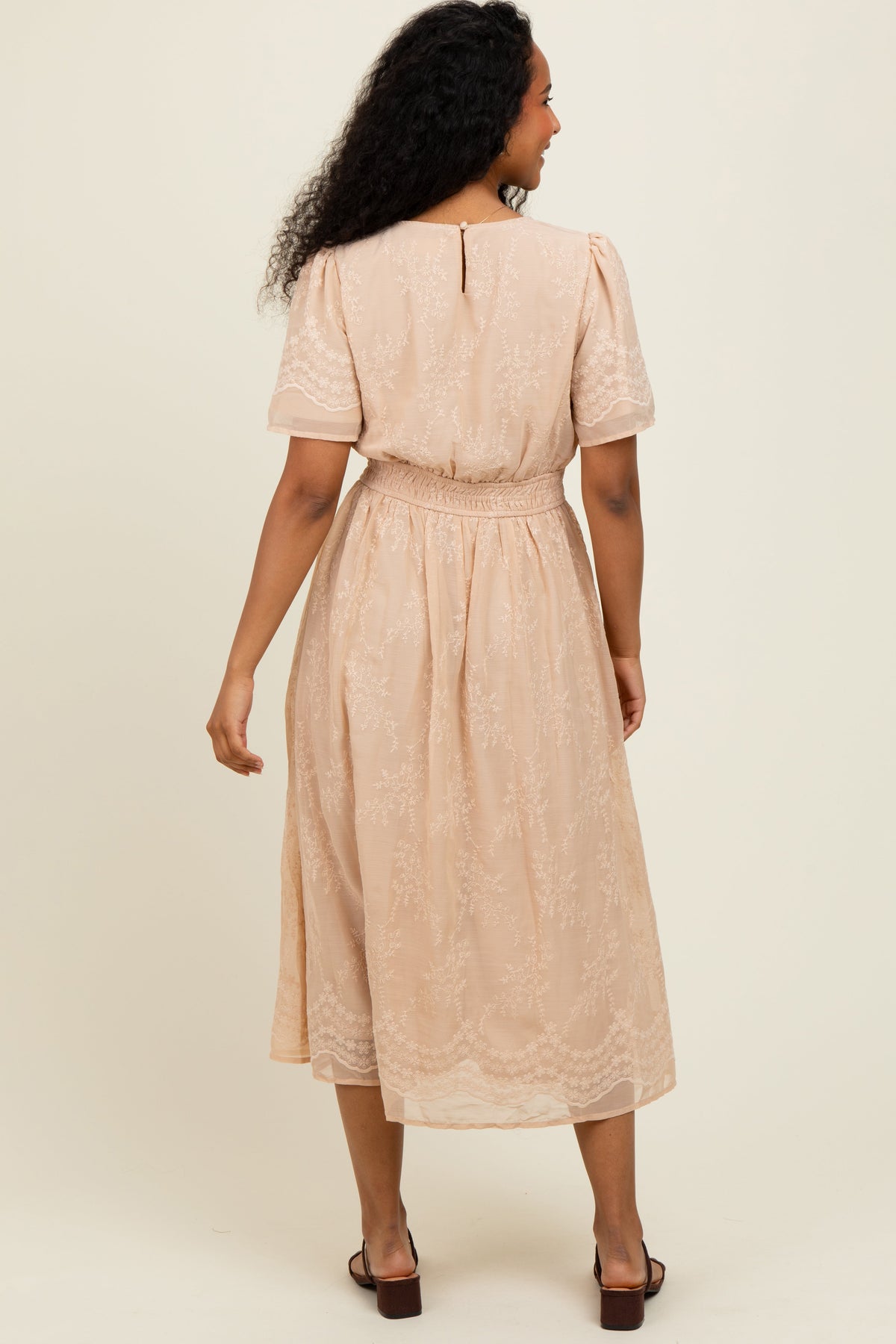 Beige Floral Embroidered Midi Dress