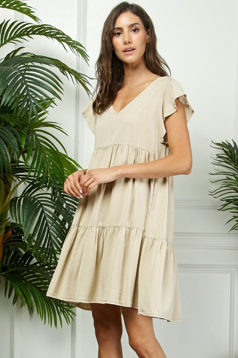 Beige Flutter Sleeve Tiered Dress