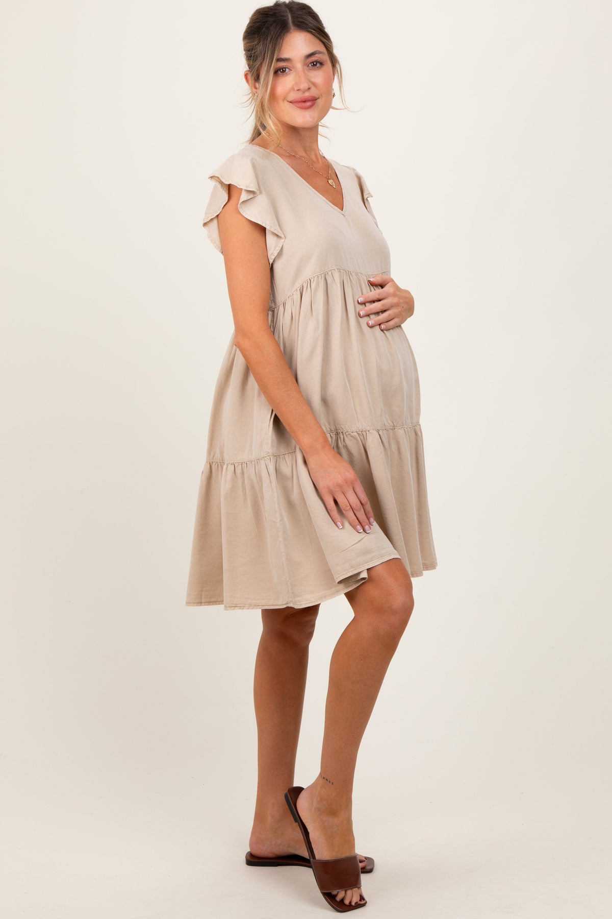 Beige Flutter Sleeve Tiered Maternity Dress