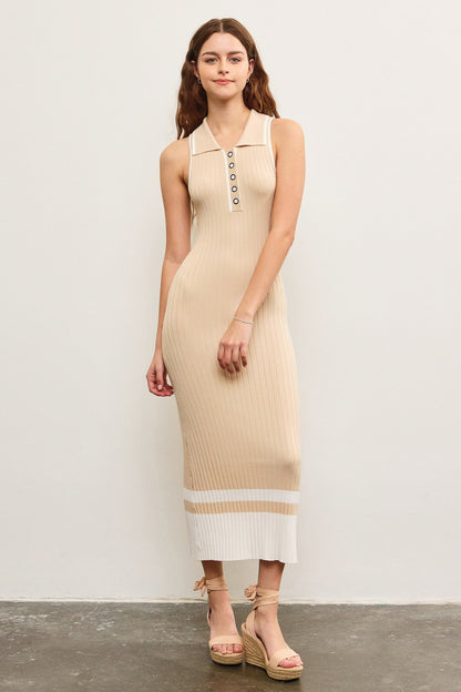 Beige Knit Colorblock Stripe Sleeveless Polo Maternity Dress