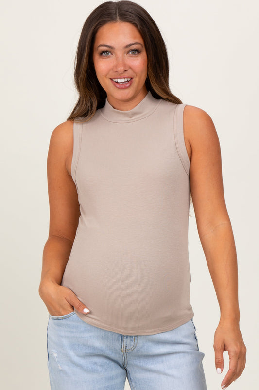 Beige Knit Mock Neck Sleeveless Maternity Top