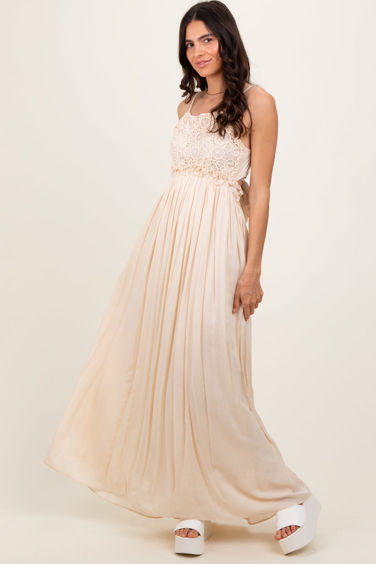 Beige Lace Bodice Cutout Tie Back Maxi Dress