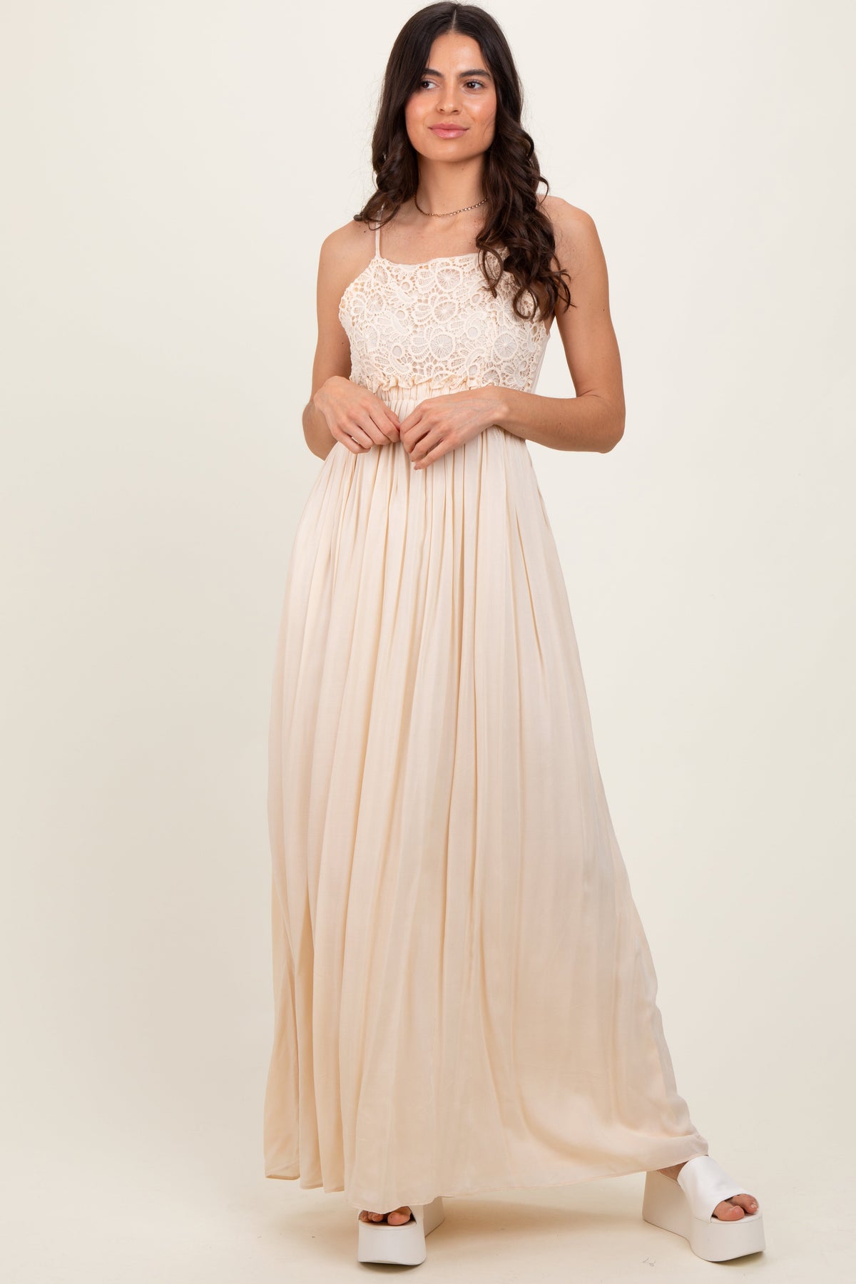 Beige Lace Bodice Cutout Tie Back Maxi Dress