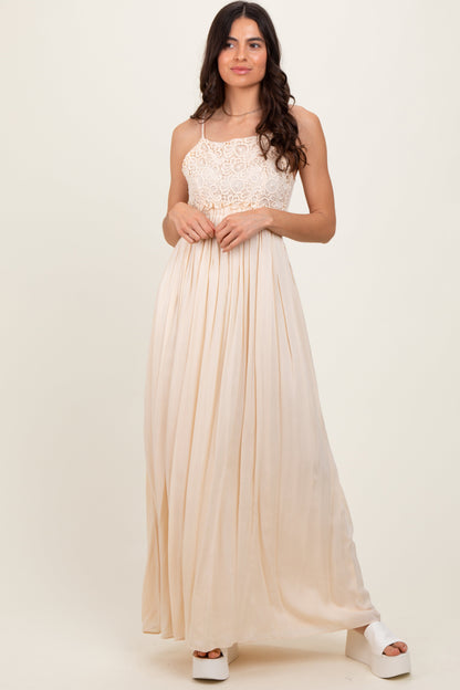Beige Lace Bodice Cutout Tie Back Maxi Dress
