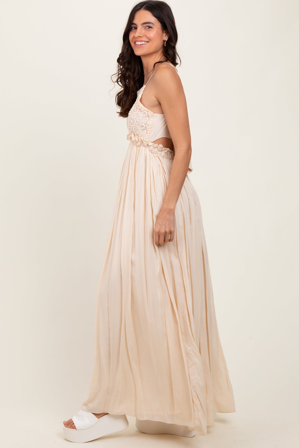 Beige Lace Bodice Cutout Tie Back Maxi Dress