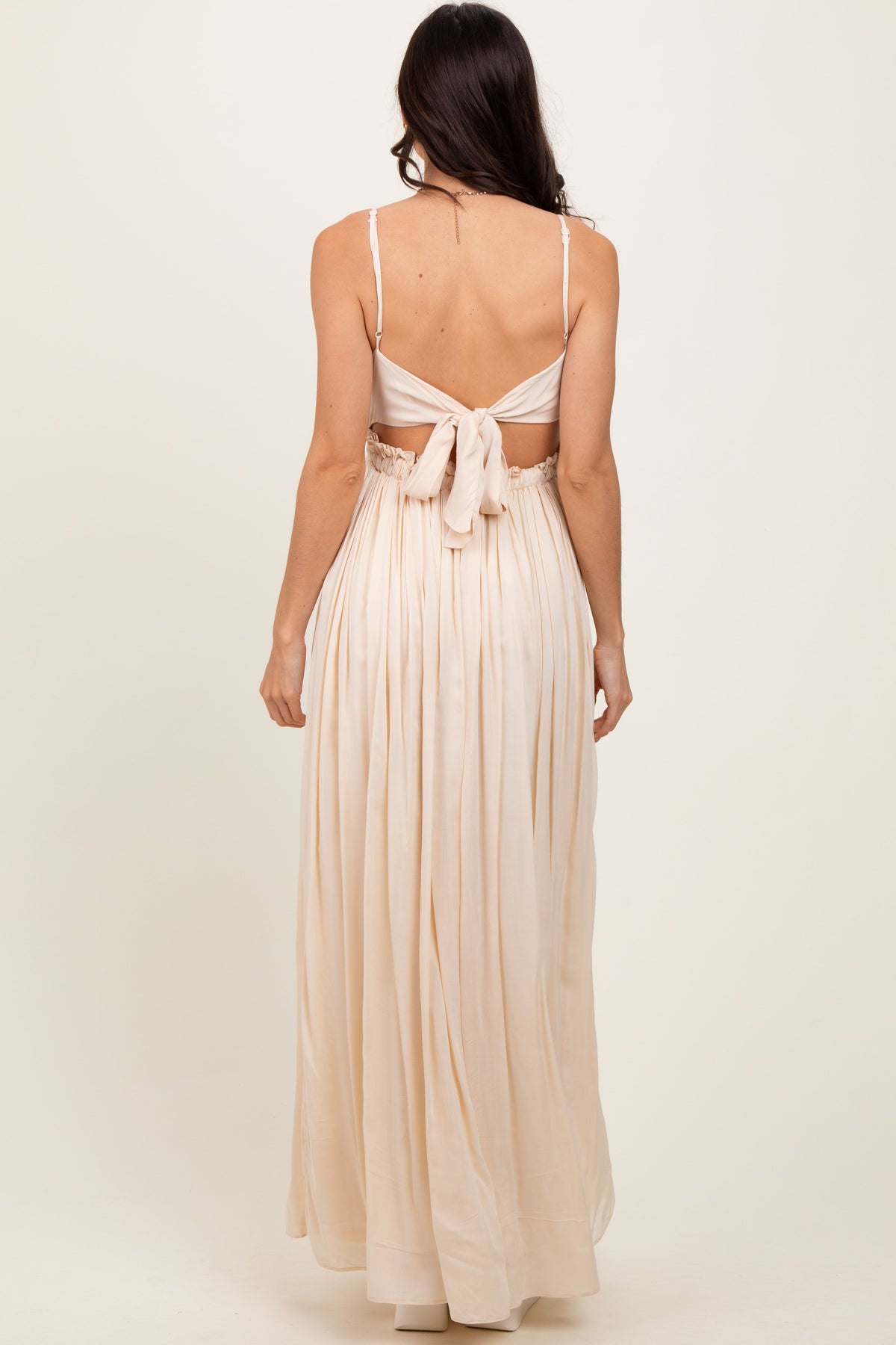 Beige Lace Bodice Cutout Tie Back Maxi Dress