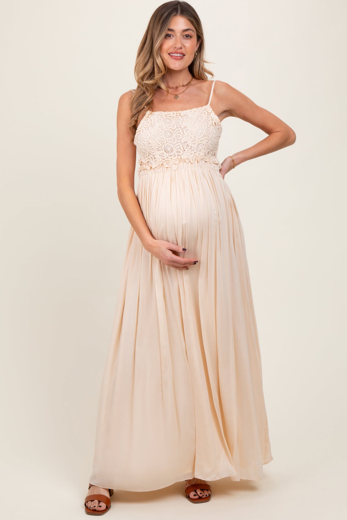 Beige Lace Bodice Cutout Tie Back Maternity Maxi Dress