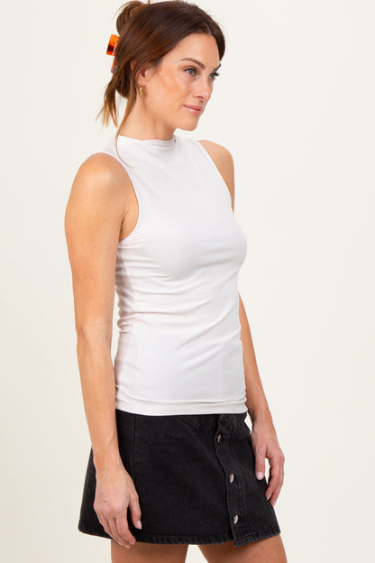 Beige Ribbed Sleeveless Mock Neck Top