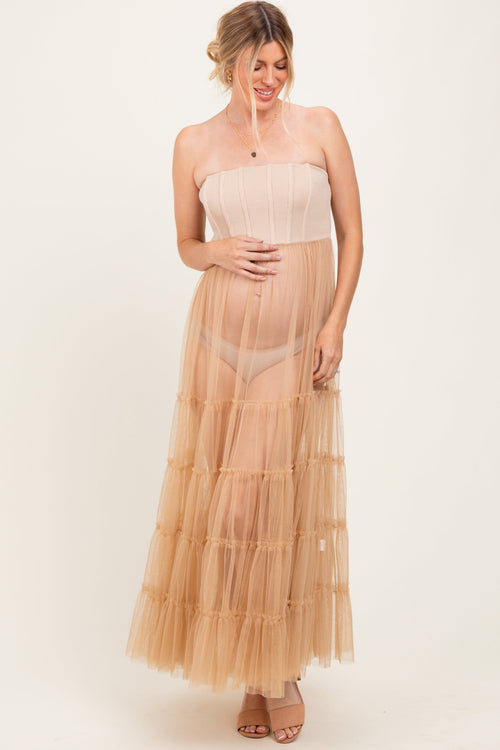Beige Corset Tiered Tulle Maternity Photoshoot Dress