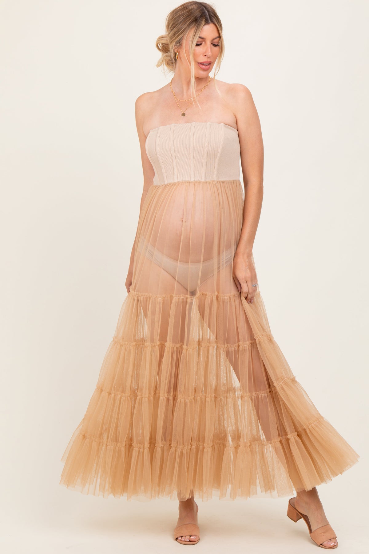 Beige Corset Tiered Tulle Maternity Photoshoot Dress
