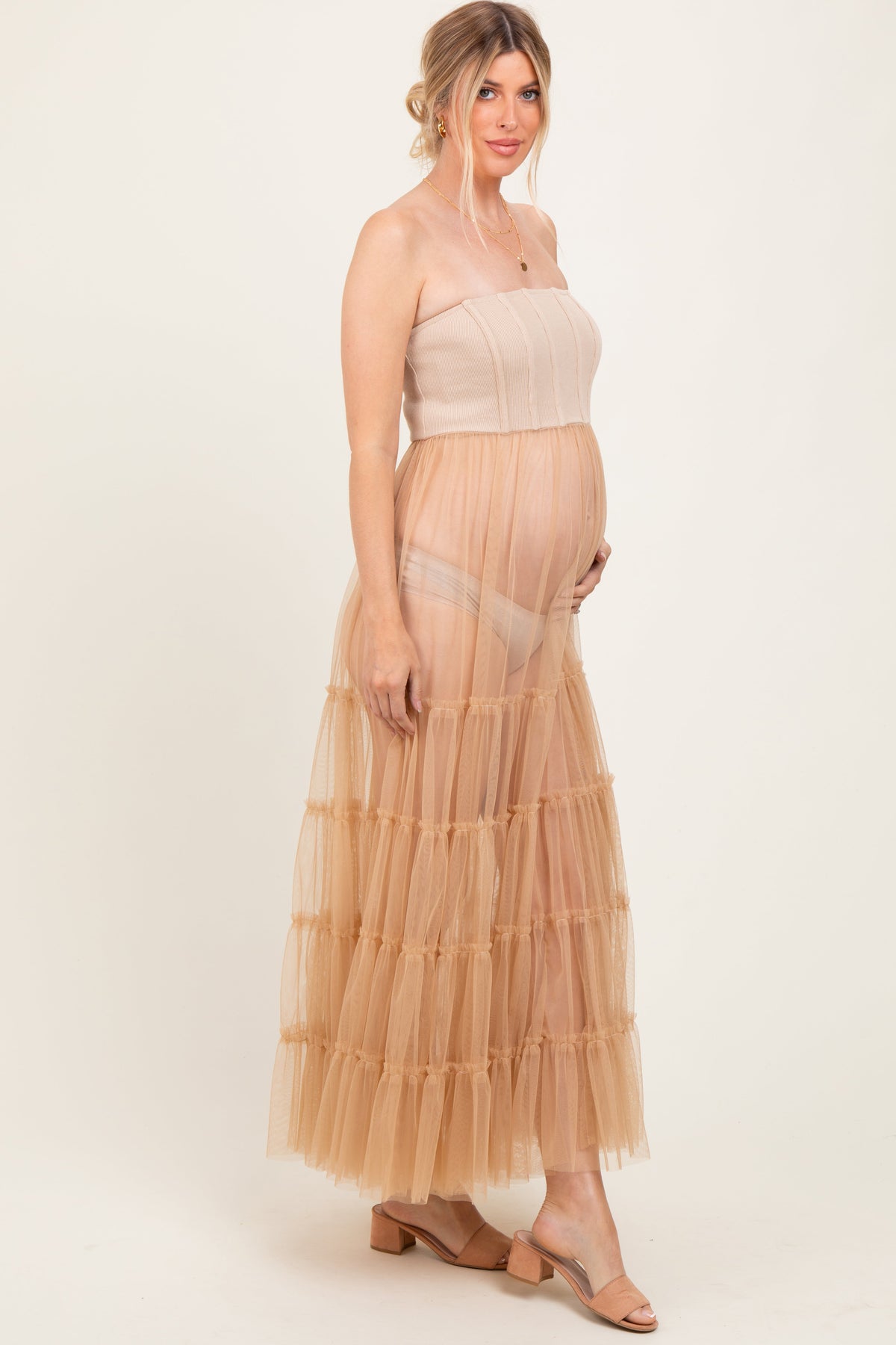Beige Corset Tiered Tulle Maternity Photoshoot Dress