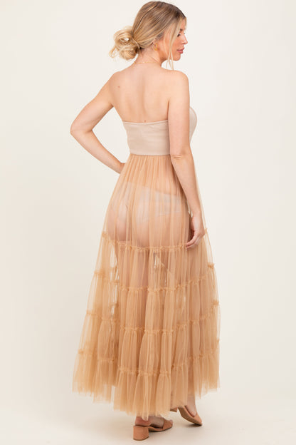 Beige Corset Tiered Tulle Maternity Photoshoot Dress