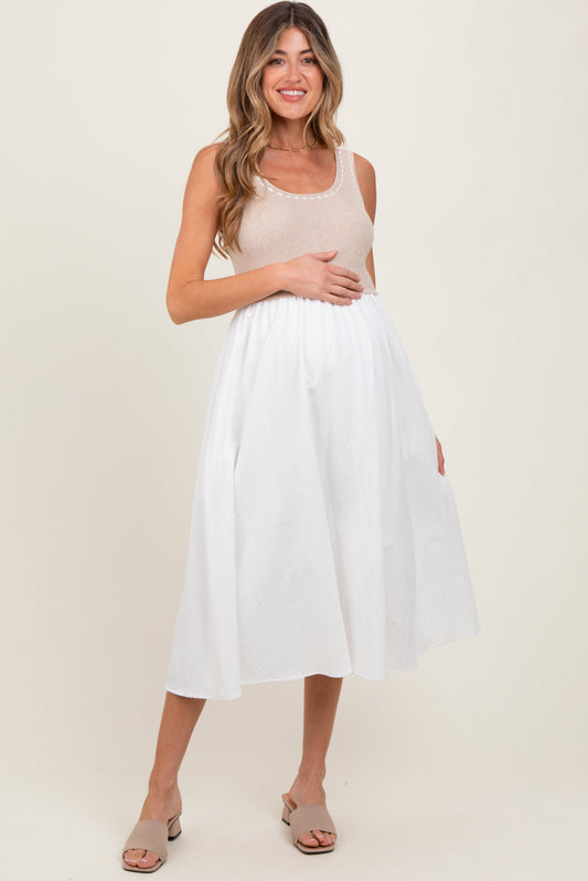 Beige Ribbed Top Contrast Sleeveless Maternity Midi Dress