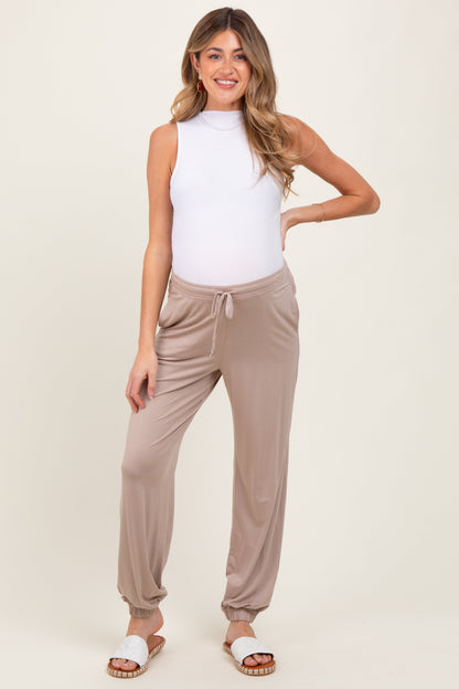Beige Drawstring Maternity Jogger Pants