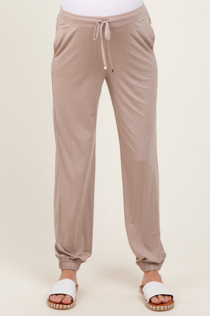 Beige Drawstring Maternity Jogger Pants