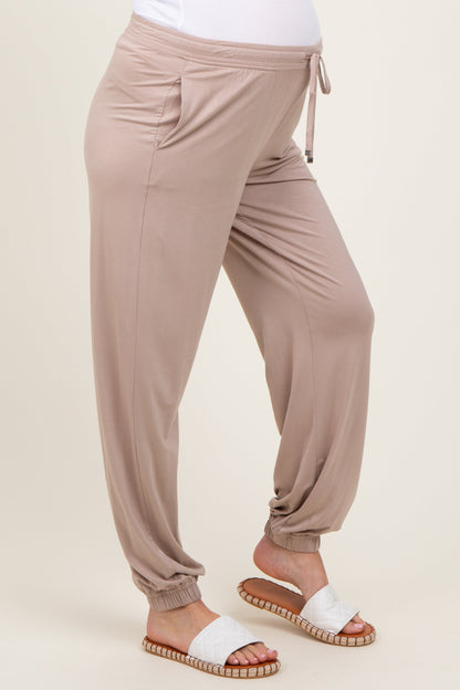 Beige Drawstring Maternity Jogger Pants