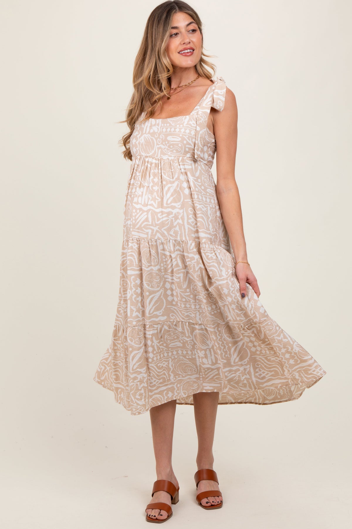 Beige Printed Tie Strap Tiered Maternity Midi Dress