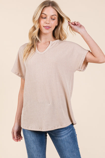 Beige Ribbed Notched Neckline Top