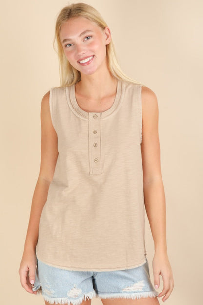 Beige Raw Hem Button Detail Sleeveless Maternity Top