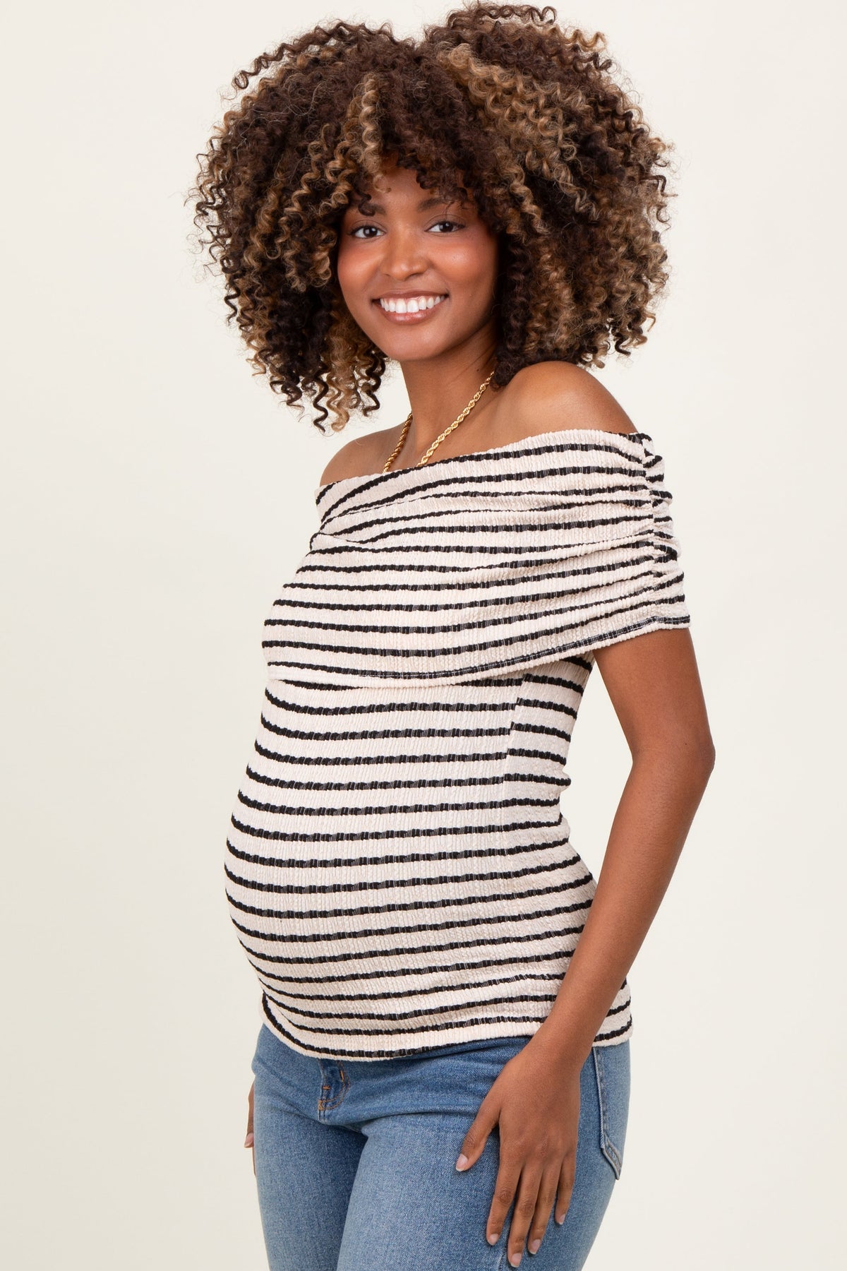 Beige Off The Shoulder Striped Maternity Top