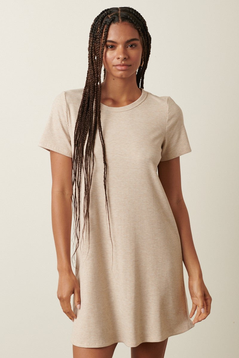 Beige Ribbed Knit Basic Short Sleeve T-Shirt Dress