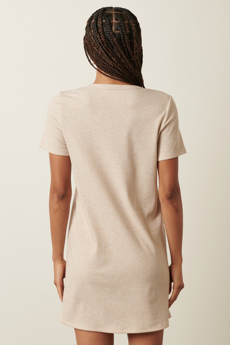 Beige Ribbed Knit Basic Short Sleeve T-Shirt Dress