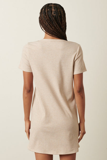 Beige Ribbed Knit Basic Short Sleeve T-Shirt Dress